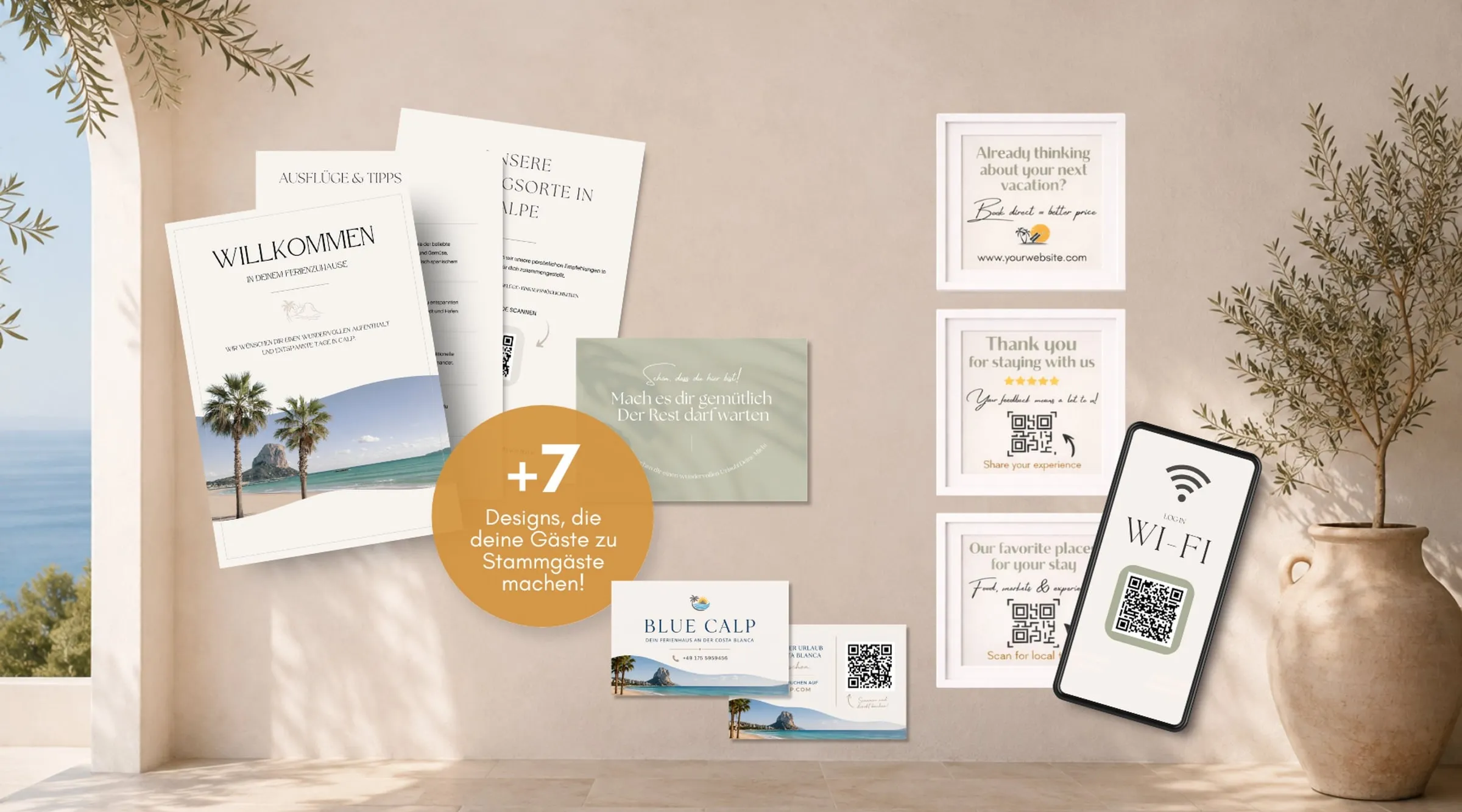 Designpaket mit Willkommensmappe, WLAN-Karte und Hausregeln im einheitlichen Design