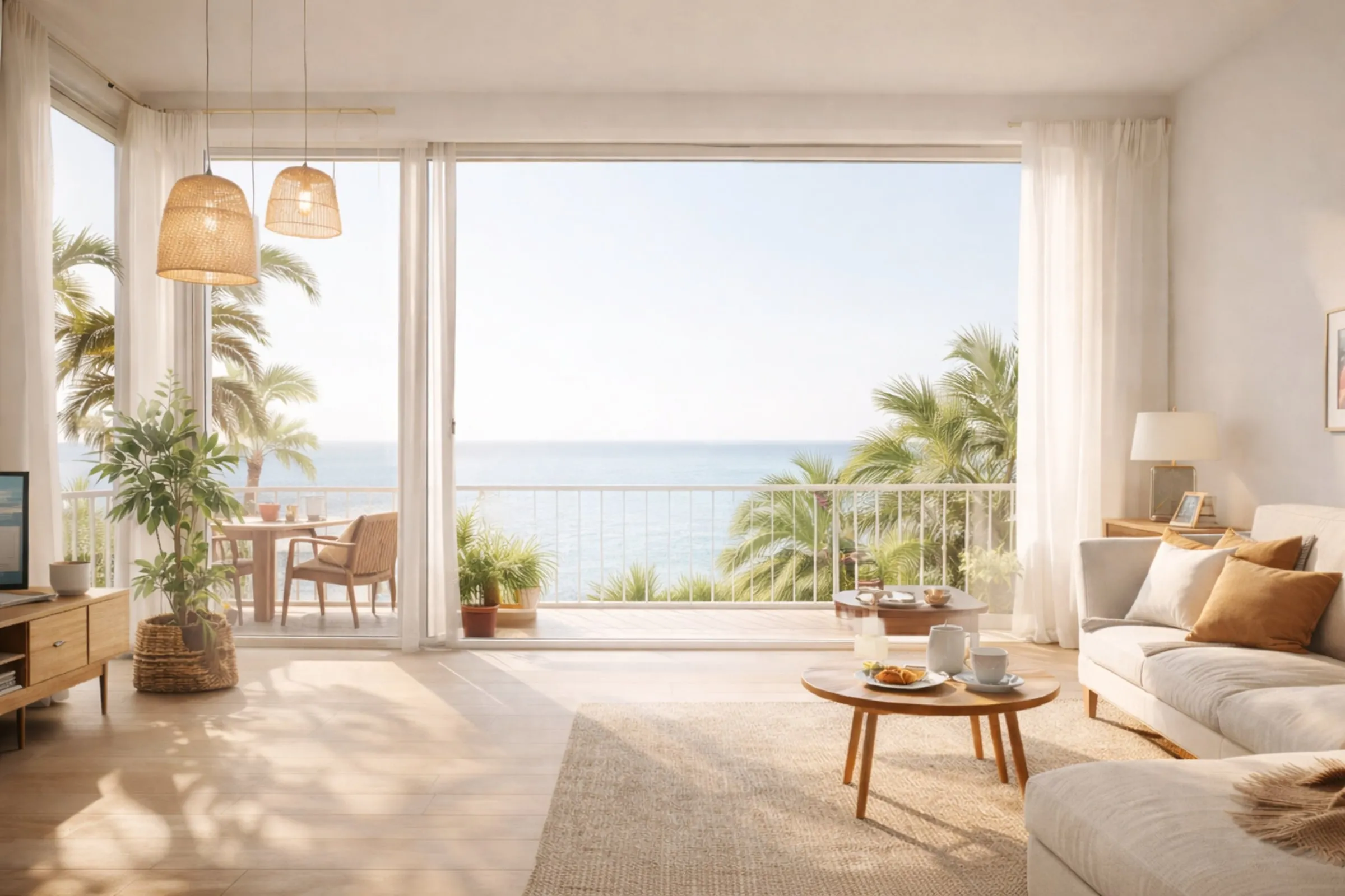 Heller Wohnraum einer Ferienwohnung mit Blick aufs Meer
